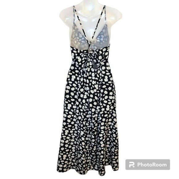 SHEIN Black Tie Back Daisy Print Cami Midi Dress Size Medium - Picture 3 of 9